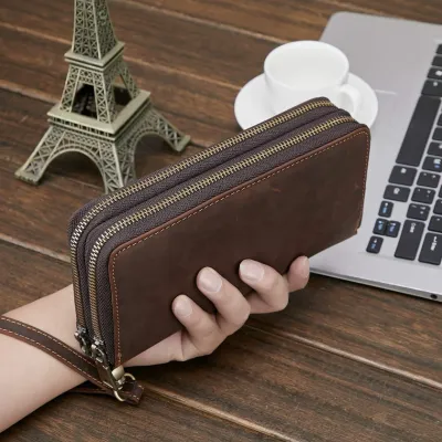 Genuine Crazy Horse Leather Double Zipper RFID Clutch – Retro Long Wallet
